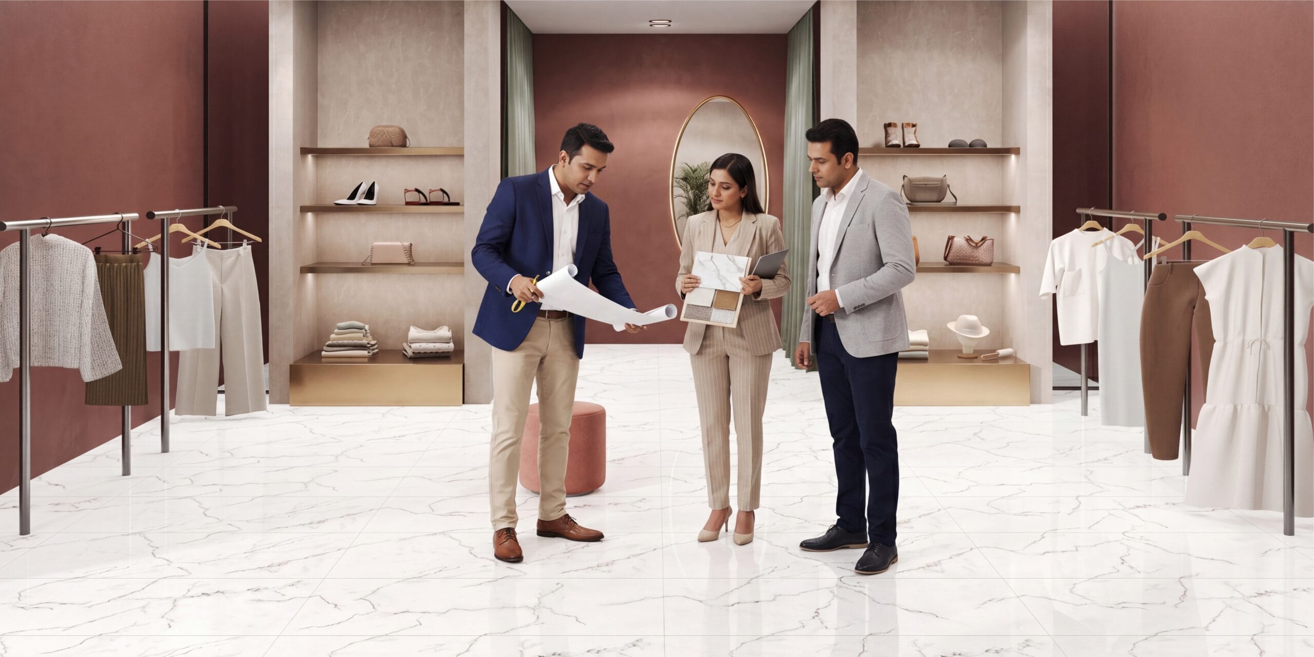 Architect reviewing premium Face Impex ceramic tiles for modern residential and commercial interior design projects.