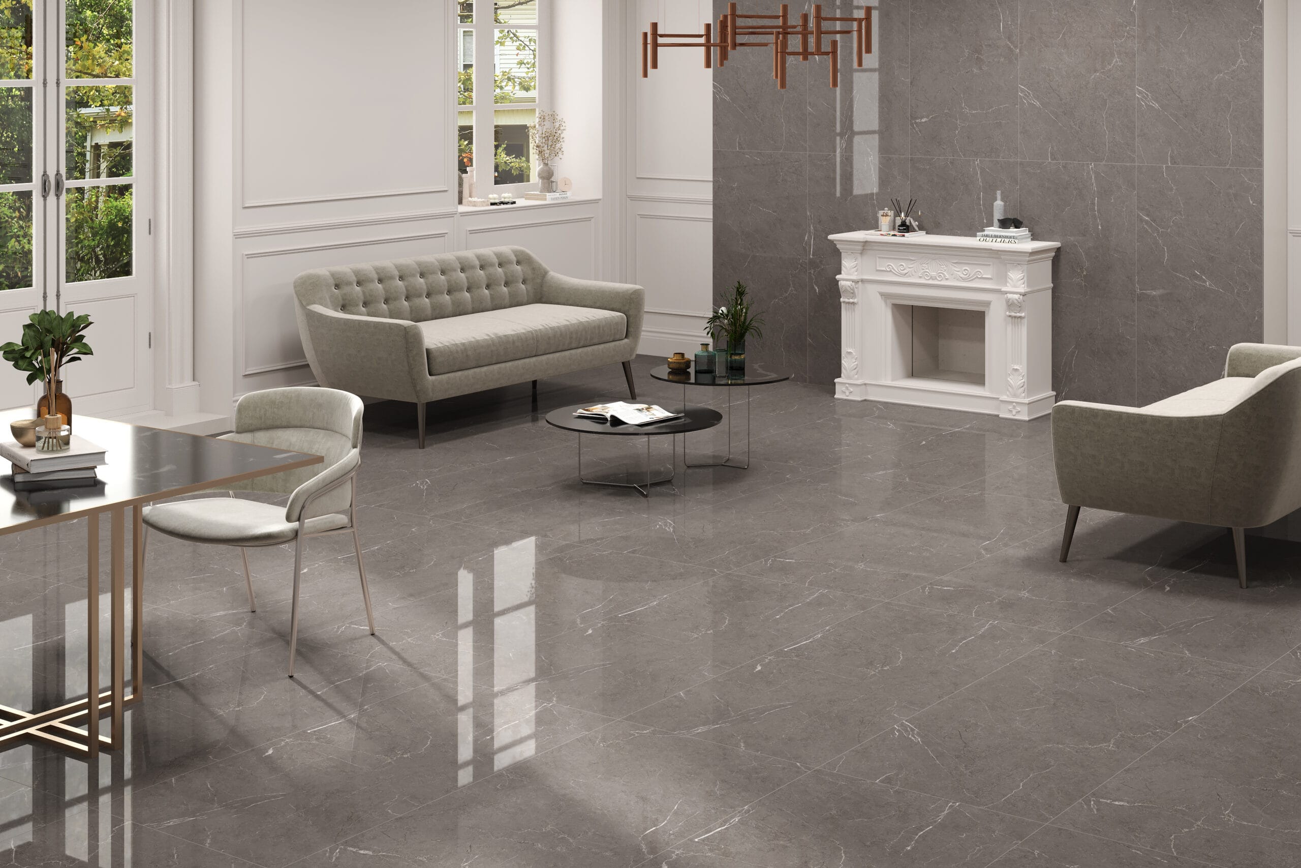 Modern grey marble look glossy porcelain living room floor tiles 600x1200 mm